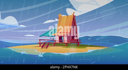 Fisherman house on island beach in sea storm vector background. Fishing bungalow in scary rain ocean cartoon landscape game scene. Wooden tropical home on stilt stand on coast near blue water. Stock Vector