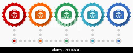 Rescue kit vector icon set, colorful infographic template, set of flat design badge icons in 5 color options Stock Vector