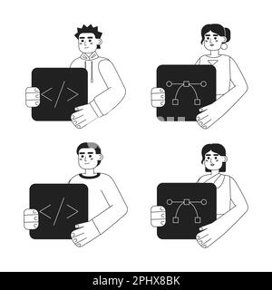 Web development careers black and white concept vector spot illustrations pack Stock Vector