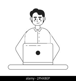 Pleasant man working on laptop monochromatic flat vector character Stock Vector