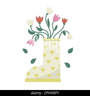 Cute tulips bouquet in yellow boots with hearts. Vector spring romantic card. Garden hand drawn design. Stock Vector