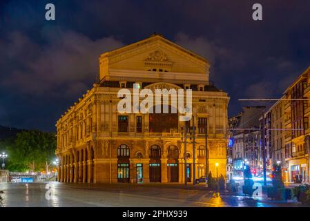 Night view of Arriaga theatre in the spanish city Bilbao. Stock Photo