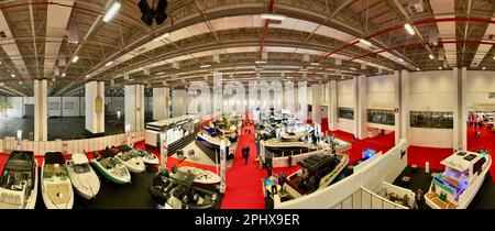 Aerial footage of MAST (Marine Saloon Trade) Boat, Boat Equipment and Marine Accessories Exhibition. High quality photo Stock Photo