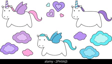 Cute unicorn and pegasus set, clouds and hearts Stock Vector