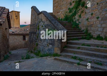 Sunrise view of a Medieval street in Spanish village Sos del Rey Catolico. Stock Photo