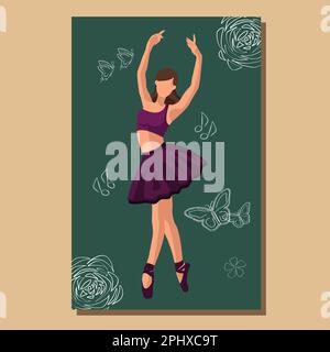 Caucasian white faceless ballet dancer in a purple tutu and pointe shoes dancing on a green poster with flowers and butterflies. Vector illustration in flat style Stock Vector