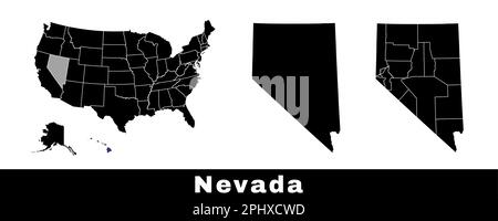 Nevada state map, USA. Set of Nevada maps with outline border, counties and US states map. Black and white color vector illustration. Stock Vector