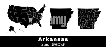 Map of Arkansas state, USA. Set of Arkansas maps with outline border, counties and US states map. Black and white color vector illustration. Stock Vector