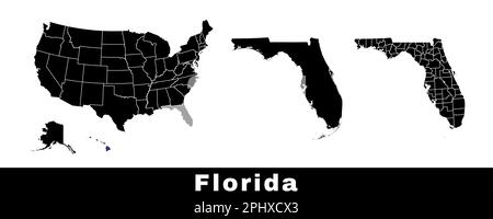 Map of Florida state, USA. Set of Florida maps with outline border, counties and US states map. Black and white color vector illustration. Stock Vector