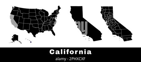 Map of California state, USA. Set of California maps with outline border, counties and US states map. Black and white color vector illustration. Stock Vector