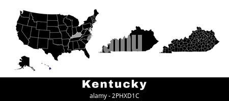 Map of Kentucky state, USA. Set of Kentucky maps with outline border, counties and US states map. Black and white color vector illustration. Stock Vector