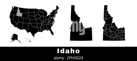 Map of Idaho state, USA. Set of Idaho maps with outline border, counties and US states map. Black and white color vector illustration. Stock Vector