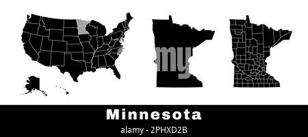 Minnesota state map, USA. Set of Minnesota maps with outline border, counties and US states map. Black and white color vector illustration. Stock Vector