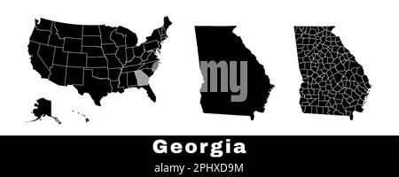 Map of Georgia state, USA. Set of Georgia maps with outline border, counties and US states map. Black and white color vector illustration. Stock Vector