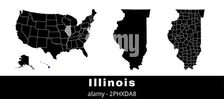 Map of Illinois state, USA. Set of Illinois maps with outline border, counties and US states map. Black and white color vector illustration. Stock Vector