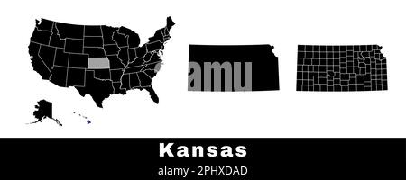 Map of Kansas state, USA. Set of Kansas maps with outline border, counties and US states map. Black and white color vector illustration. Stock Vector