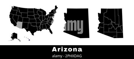 Map of Arizona state, USA. Set of Arizona maps with outline border, counties and US states map. Black and white color vector illustration. Stock Vector