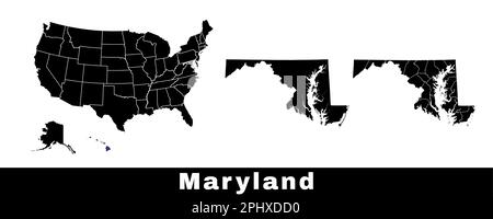 Map of Maryland state, USA. Set of Maryland maps with outline border, counties and US states map. Black and white color vector illustration. Stock Vector