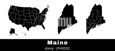 Map of Maine state, USA. Set of Maine maps with outline border, counties and US states map. Black and white color vector illustration. Stock Vector