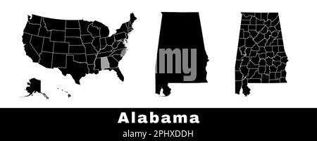 Map of Alabama state, USA. Set of Alabama maps with outline border, counties and US states map. Black and white color vector illustration. Stock Vector