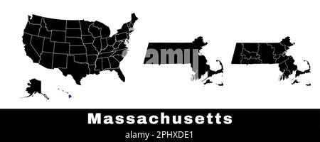 Massachusetts state map, USA. Set of Massachusetts maps with outline border, counties and US states map. Black and white color vector illustration. Stock Vector