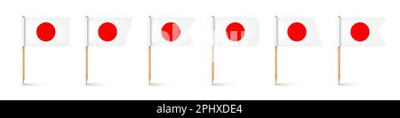 Realistic various Japanese toothpick flags. Souvenir from Japan. Wooden toothpicks with paper flag. Location mark, map pointer. Blank mockup for Stock Vector