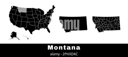 Montana state map, USA. Set of Montana maps with outline border, counties and US states map. Black and white color vector illustration. Stock Vector