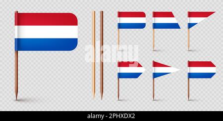 Realistic various Dutch toothpick flags. Souvenir from Netherlands. Wooden toothpicks with paper flag. Location mark, map pointer. Blank mockup for Stock Vector