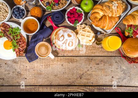 Fathers day Brunch restaurant invitation concept. Various Daddy Man Day Menu background, with traditional breakfast and lunch food set, with tie on su Stock Photo