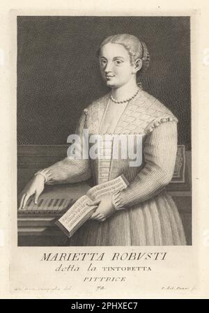 Marietta Robusti, Venetian portrait painter of the Renaissance period, 1560-1590. She was the daughter of Jacopo Robusti or Tintoretto and sometimes referred to as Tintoretta. Depicted with music score book and a spinet harpsichord. Copperplate engraving by Pietro Antonio Pazzi after Giovanni Domenico Campiglia after a self portrait by the artist from Francesco Moucke's Museo Florentino (Museum Florentinum), Serie di Ritratti de Pittori (Series of Portraits of Painters) stamperia Mouckiana, Florence, 1752-62. Stock Photo