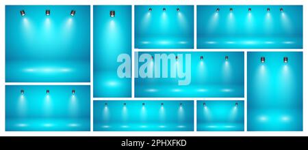 Empty blue studio abstract backgrounds with spotlights. Product showcase backdrop with spotlight effect. Stage lighting. Vector illustration Stock Vector
