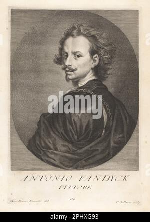 Sir Anthony van Dyck, Flemish Baroque artist who became the leading court painter in England after success in the Spanish Netherlands and Italy, 1599-1641. Antonio Vandyck, Pittore. Copperplate engraving by Pietro Antonio Pazzi after Giovanni Domenico Ferretti after a self portrait by the artist from Francesco Moucke's Museo Florentino (Museum Florentinum), Serie di Ritratti de Pittori (Series of Portraits of Painters) stamperia Mouckiana, Florence, 1752-62. Stock Photo