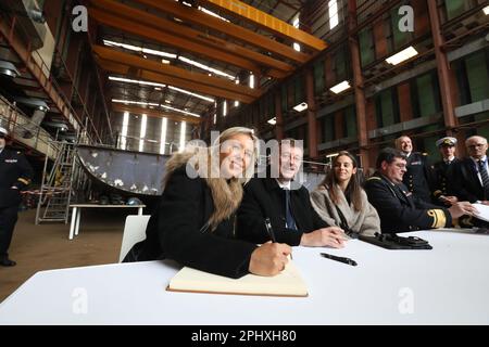 Concarneau, France. 29th Mar, 2023. Defence minister Ludivine Dedonder pictured at the launch of the 'M940 Oostende' mine hunter, and the start of the building of the M941 Tournai mine hunter of the navy component of the Belgian army, in Concarneau, in the Bretagne region of France, Wednesday 29 March 2023. BELGA PHOTO NICOLAS MAETERLINCK Credit: Belga News Agency/Alamy Live News Stock Photo