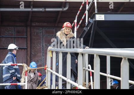 Concarneau, France. 29th Mar, 2023. Defence minister Ludivine Dedonder pictured during the launch of the 'M940 Oostende' mine hunter, and the start of the building of the M941 Tournai mine hunter of the navy component of the Belgian army, in Concarneau, in the Bretagne region of France, Wednesday 29 March 2023. BELGA PHOTO NICOLAS MAETERLINCK Credit: Belga News Agency/Alamy Live News Stock Photo