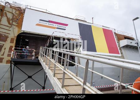 Concarneau, France. 29th Mar, 2023. Illustration picture shows the launch of the 'M940 Oostende' mine hunter, and the start of the building of the M941 Tournai mine hunter of the navy component of the Belgian army, in Concarneau, in the Bretagne region of France, Wednesday 29 March 2023. BELGA PHOTO NICOLAS MAETERLINCK Credit: Belga News Agency/Alamy Live News Stock Photo