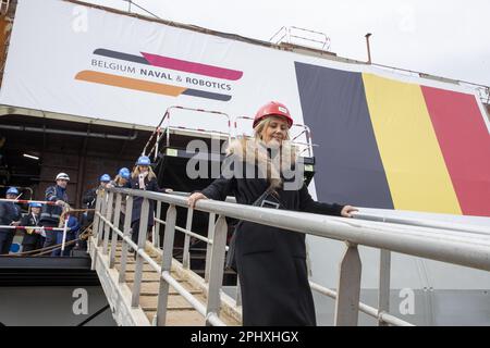 Concarneau, France. 29th Mar, 2023. Defence minister Ludivine Dedonder pictured during the launch of the 'M940 Oostende' mine hunter, and the start of the building of the M941 Tournai mine hunter of the navy component of the Belgian army, in Concarneau, in the Bretagne region of France, Wednesday 29 March 2023. BELGA PHOTO NICOLAS MAETERLINCK Credit: Belga News Agency/Alamy Live News Stock Photo