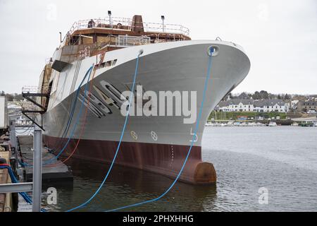 Concarneau, France. 29th Mar, 2023. Illustration picture shows the launch of the 'M940 Oostende' mine hunter, and the start of the building of the M941 Tournai mine hunter of the navy component of the Belgian army, in Concarneau, in the Bretagne region of France, Wednesday 29 March 2023. BELGA PHOTO NICOLAS MAETERLINCK Credit: Belga News Agency/Alamy Live News Stock Photo