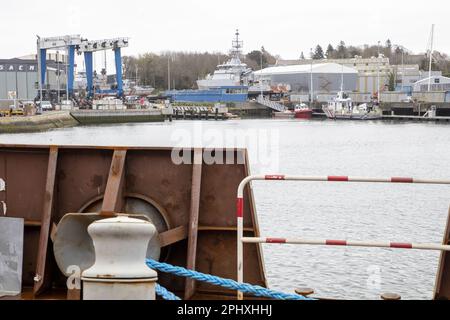 Concarneau, France. 29th Mar, 2023. Illustration picture shows the launch of the 'M940 Oostende' mine hunter, and the start of the building of the M941 Tournai mine hunter of the navy component of the Belgian army, in Concarneau, in the Bretagne region of France, Wednesday 29 March 2023. BELGA PHOTO NICOLAS MAETERLINCK Credit: Belga News Agency/Alamy Live News Stock Photo