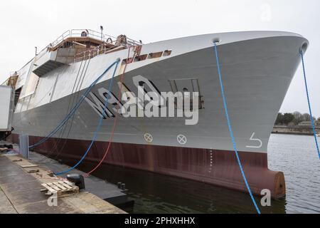 Concarneau, France. 29th Mar, 2023. Illustration picture shows the launch of the 'M940 Oostende' mine hunter, and the start of the building of the M941 Tournai mine hunter of the navy component of the Belgian army, in Concarneau, in the Bretagne region of France, Wednesday 29 March 2023. BELGA PHOTO NICOLAS MAETERLINCK Credit: Belga News Agency/Alamy Live News Stock Photo