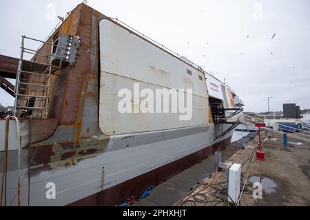 Concarneau, France. 29th Mar, 2023. Illustration picture shows the launch of the 'M940 Oostende' mine hunter, and the start of the building of the M941 Tournai mine hunter of the navy component of the Belgian army, in Concarneau, in the Bretagne region of France, Wednesday 29 March 2023. BELGA PHOTO NICOLAS MAETERLINCK Credit: Belga News Agency/Alamy Live News Stock Photo