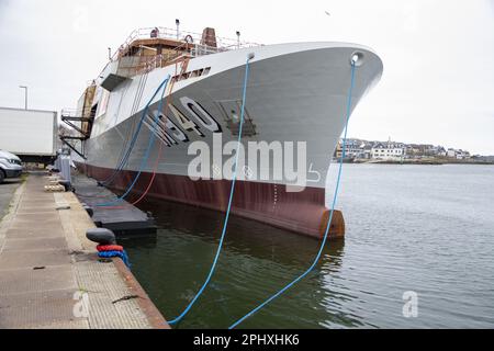 Concarneau, France. 29th Mar, 2023. Illustration picture shows the launch of the 'M940 Oostende' mine hunter, and the start of the building of the M941 Tournai mine hunter of the navy component of the Belgian army, in Concarneau, in the Bretagne region of France, Wednesday 29 March 2023. BELGA PHOTO NICOLAS MAETERLINCK Credit: Belga News Agency/Alamy Live News Stock Photo