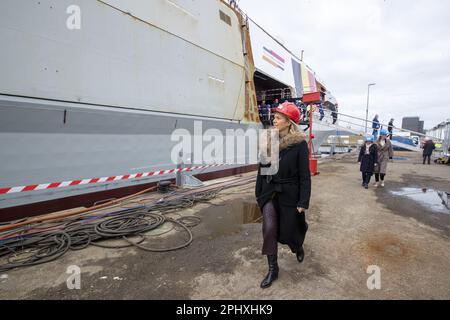 Concarneau, France. 29th Mar, 2023. Defence minister Ludivine Dedonder pictured during the launch of the 'M940 Oostende' mine hunter, and the start of the building of the M941 Tournai mine hunter of the navy component of the Belgian army, in Concarneau, in the Bretagne region of France, Wednesday 29 March 2023. BELGA PHOTO NICOLAS MAETERLINCK Credit: Belga News Agency/Alamy Live News Stock Photo