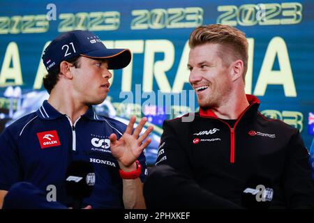 Melbourne, Australia. 30th Mar, 2023. Nyck De Vries of Netherlands and Scuderia AlphaTauri and Nico Hulkenberg of Germany and MoneyGram Haas F1 Team in the Press Conference ahead of the Formula One Australian Grand Prix at the Albert Park Circuit in Melbourne on March 30, 2023. Credit: SOPA Images Limited/Alamy Live News Stock Photo