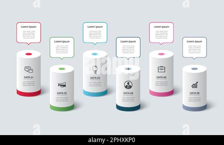 Infographics  cylinder timeline with 6 number data template. Vector illustration abstract background. Stock Vector