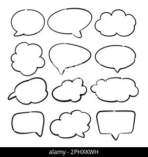 Speech symbol talk and thinking. Bubble with clouds thin line set. Stock Vector