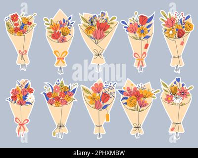 Sticker pack of floral elements. Romantic flower collection with bouquet of flowers. Good for greeting cards or invitation design, floral poster Stock Vector