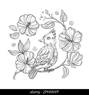 BIRD HAND DRAWN Sits On A Branch With Blooming Flowers Monochrome Hand Drawn Sketch In Chinese Style Coloring Page Nature Vector Illustration For Prin Stock Vector
