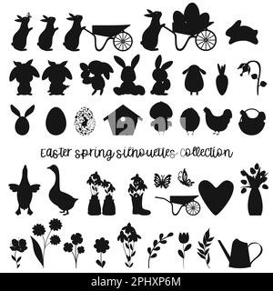 Happy Easter black plants and animals silhouettes. Stock Vector