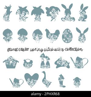 Happy Easter plants and animals floral silhouettes. Vector illustration. Stock Vector