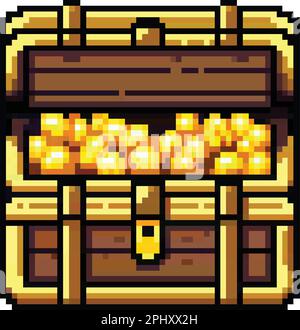8bit pixel art of an old wooden treasure chest with golden coins Stock Vector